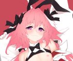  1boy astolfo_(fate) astolfo_(saber)_(fate) bare_chest black_bow black_gloves black_neckwear black_ribbon blush bow bowtie commentary_request crossdressing detached_sleeves fate/grand_order fate_(series) gloves hair_bow hair_intakes looking_at_viewer low_twintails lying male_focus multicolored_hair navel nipples on_back on_bed otoko_no_ko pillow pink_eyes pink_hair ribbon solo streaked_hair twintails white_hair wing_collar yaguo yes yes-no_pillow 