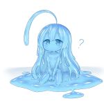  1girl ? ahoge between_legs blue_eyes blue_hair blue_sclera blue_skin closed_mouth dot_mouth flat_chest hand_between_legs huge_ahoge kixyuresu long_hair looking_at_viewer monster_girl navel no_nipples original sitting slime_girl tareme very_long_hair wide_face 