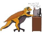  2017 anthro back_spines basiliskfree beverage brown_body brown_scales brown_stripes chair claws coffee computer computer_monitor computer_mouse dialogue dragon english_text fangs furniture leaning leaning_forward male office_chair open_mouth orange_body orange_scales scales scalie side_view simple_background sitting solo stripes table tan_horns tech_support text tired toe_claws western_dragon white_background white_claws yellow_body yellow_scales 