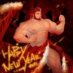  1boy abs alternate_costume bara beard biceps cape chest embers facial_hair fate/grand_order fate/zero fate_(series) fur-trimmed_cape fur_trim happy_new_year iskandar_(fate) lrpanda00 male_focus muscle naked_cape navel new_year nipples red_eyes red_hair shirtless short_hair solo thick_thighs thighs 