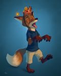  2020 anthro black_nose blue_background brown_body brown_fur canid canine clothed clothing fangs fox fully_clothed fur halloween hi_res holidays mammal mind_control open_mouth pawpads s1m shirt simple_background tongue tongue_out topwear walking 