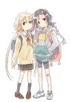  2girls backpack bag bandages bike_shorts braid futaba_anzu hair_ornament hood hoodie idolmaster idolmaster_cinderella_girls long_hair low_twintails matsuo_yuusuke miyoshi_sana multiple_girls school_uniform twin_braids twintails 