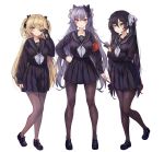  3girls absurdres alternate_costume arm_at_side armband bangs black_bow black_footwear black_gloves black_hair black_serafuku black_shirt black_skirt blonde_hair blush bow breast_hold breasts brown_legwear card commentary_request double_bun eyepatch fischl_(genshin_impact) full_body genshin_impact gloves green_eyes hair_bow hair_ornament hand_on_hip highres holding holding_card holding_hair keqing large_breasts loafers long_hair looking_at_viewer md5_mismatch medium_breasts mona_(genshin_impact) multiple_girls neckerchief pantyhose partially_fingerless_gloves purple_eyes purple_hair school_uniform serafuku shirt shoes simple_background single_glove skirt skirt_hold smile torriet twintails two_side_up white_background 
