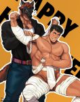  2boys abs animal_ears applying_bandages arm_up armpits bandages bara bare_chest black_hair black_shirt blush brown_hair bulge chest chest_hair denim facial_hair fake_animal_ears feet_out_of_frame fox fox_ears fox_mask fox_tail halloween halloween_costume happy_halloween highres jeans lcebanon male_focus mask multiple_boys muscle naked_bandage nipples original pants revealing_clothes shirt short_hair sideburns stubble tail tank_top thick_thighs thighs white_tank_top yaoi 