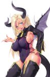  1girl :d absurdres armpits black_legwear blonde_hair blue_eyes breasts covered_navel cowboy_shot dragon_girl dragon_horns dragon_tail dragon_wings fangs fingernails from_side hand_up head_tilt highres horns huge_breasts leotard long_hair long_sleeves looking_at_viewer multicolored multicolored_eyes onsoku_inu open_mouth original pointy_ears purple_leotard ringed_eyes sharp_fingernails shrug_(clothing) sideboob simple_background slit_pupils smile solo tail tan thighhighs white_background wings yellow_eyes 