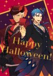  2boys alternate_costume archer blue_hair brown_eyes cu_chulainn_(fate)_(all) dark_skin dark_skinned_male demon_horns earrings english_text fate/stay_night fate_(series) halloween halloween_costume happy_halloween horns jewelry lancer long_sleeves male_focus multiple_boys nov_yanagi ponytail red_eyes red_headwear white_hair 