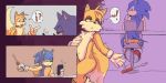  ! 2:1 ? anthro canid canine comic dropping_object duo eulipotyphlan fox hedgehog latchk3y looking_back male male/male mammal miles_prower phone seductive sonic_the_hedgehog sonic_the_hedgehog_(series) speech_bubble 