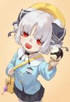  1girl absurdres artia character_name chinese_commentary fangs food highres holding holding_food hololive hololive_china ice_cream looking_at_viewer name_tag open_mouth red_eyes school_uniform solo two_side_up white_hair xigao_gao yellow_background younger 