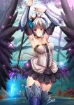  1girl adsouto armor armored_dress bare_shoulders blue_eyes breasts choker crown dress eyebrows_visible_through_hair frown gwendolyn_(odin_sphere) hair_ornament highres holding holding_spear holding_weapon multicolored multicolored_wings odin_sphere polearm purple_eyes short_hair silver_hair spear strapless strapless_dress thighhighs valkyrie weapon white_hair wings 