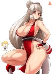  1boy 1girl bare_hips blonde_hair breasts brown_eyes chibi cosplay drooling fatal_fury forehead_tattoo grey_hair highres hyrule_warriors:_age_of_calamity impa japanese_clothes jmg kimono large_breasts link pelvic_curtain pointy_ears revealing_clothes shiranui_mai shiranui_mai_(cosplay) sleeveless sleeveless_kimono the_king_of_fighters the_legend_of_zelda the_legend_of_zelda:_breath_of_the_wild 
