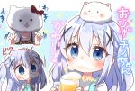  1girl absurdres angora_rabbit animal_on_head apple_juice bangs beer_mug black_dress blue_background blue_dress blue_eyes blue_hair blush bunny chibi commentary_request cropped_torso cup dirndl dress eyebrows_visible_through_hair foam_mustache german_clothes gochuumon_wa_usagi_desu_ka? hair_between_eyes hair_ornament hands_up highres holding holding_cup jako_(jakoo21) kafuu_chino long_hair looking_at_viewer mug multiple_views on_head shirt short_sleeves sleeveless sleeveless_dress tippy_(gochiusa) translation_request two-tone_background two_side_up upper_body very_long_hair white_background white_shirt x_hair_ornament 
