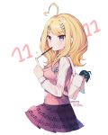 1boy 1girl ahoge akamatsu_kaede backpack bag bangs black_hair blonde_hair blush breasts candy cropped_torso dalrye_v3 danganronpa dated eighth_note food food_in_mouth from_side hair_ornament heart_ahoge long_hair long_sleeves looking_at_viewer musical_note musical_note_hair_ornament necktie new_danganronpa_v3 open_mouth pink_eyes pleated_skirt pocky randoseru repost_notice saihara_shuuichi school_uniform shirt simple_background skirt solo_focus sweater_vest symbol_commentary twitter_username white_background white_bag white_shirt 