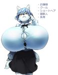  2020 anthro big_breasts black_nose blue_hair bottomwear breasts canid canine canis clothing female fur hair huge_breasts japanese_text looking_at_viewer mammal mo_dame_kuuki short_hair simple_background skirt smile solo text white_background white_body white_fur wolf 