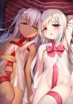  2girls babydoll bangs belt blush breasts chloe_von_einzbern collar commentary_request dark_skin fate/kaleid_liner_prisma_illya fate_(series) holding_hands illyasviel_von_einzbern long_hair looking_at_viewer lying multiple_girls o-ring on_back one_side_up open_mouth pink_hair pink_ribbon red_belt red_eyes revision ribbon small_breasts smile thighs white_hair yan_(nicknikg) yellow_eyes 