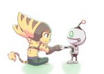  anthro big_ears brown_body brown_fur chibi clank_(ratchet_&amp;_clank) duo felid feline fist_bump friends fur fur_tuft gesture green_eyes kemono lombax machine male mammal positive_wishes_(artist) ratchet ratchet_and_clank robot sony_corporation sony_interactive_entertainment stripes tuft video_games 