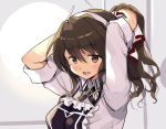  1girl ashigara_(kantai_collection) blush brown_eyes brown_hair collared_shirt fang hairband horned_headwear kantai_collection long_hair long_sleeves odawara_hakone open_mouth ponytail portrait purple_apron shirt skin_fang solo white_hairband white_shirt 