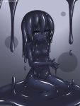  1girl black_eyes black_hair black_sclera black_skin breasts grey_background highres jitome kixyuresu knees_together_feet_apart looking_at_viewer monster_girl navel no_nipples nude original own_hands_together sitting slime_girl small_breasts solo twitter_username wariza 