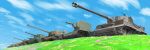  artist_name caterpillar_tracks cloud commentary_request dated day elefant emblem flower grass ground_vehicle highres iron_cross is-3 kv-2 military military_vehicle motor_vehicle narotake no_humans o-i_superheavy_tank_series original sky tank tiger_i world_of_tanks 