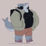  1:1 2020 anthro backpack bottomwear clothing dumdum eyewear fish glasses headphones kemono male marine overweight overweight_anthro overweight_male shark shirt shorts simple_background solo topwear 