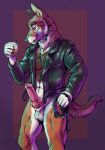  2020 alcohol anthro balls berger_picard beverage border bottomless bottomless_male canid canine canis clothed clothing collar domestic_dog fur genitals glass_cup herding_dog hi_res holding_object jacket knot male mammal marjani pastoral_dog penis purple_border simple_background smile solo spiked_collar spikes topwear whiskey 