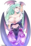  1girl animal_print arm_behind_head bat_print bat_wings breasts cleavage clothing_cutout collarbone covered_navel cowboy_shot demon_girl green_eyes green_hair head_wings heart_cutout highleg highleg_leotard highres hot_vr large_breasts leotard long_hair morrigan_aensland pantyhose print_legwear purple_legwear simple_background solo standing succubus thong_leotard v-shaped_eyebrows vampire_(game) white_background wings 