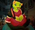  anthro big_breasts big_butt blue_eyes breasts butt canid canid_demon canine cleavage clothed clothing demon female flower fur green_body green_fur gypsi hellhound hi_res large_female long_ears mammal pink_nose plant portrait shieune sitting solo thick_thighs wide_hips 