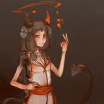  1:1 accessory avy_(syvaron) belt black_hair breasts broken_horn cleavage clothed clothing demon female hair hair_accessory hair_tie halo horn humanoid long_hair looking_at_viewer magic not_furry red_eyes small_breasts smile solo spade_tail standing syvaron 
