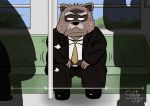  2020 anthro blush bottomwear brown_body brown_fur canid canine clothing fur gatoggy humanoid_hands kemono male mammal necktie overweight overweight_male pants raccoon_dog shirt sitting solo_focus tanuki topwear 