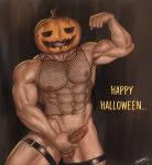  1boy abs absurdres bara beard biceps chest chest_hair cowboy_shot erection facial_hair fishnet_top flexing halloween halloween_costume happy_halloween harness highres jack-o&#039;-lantern k_sen212 male_focus male_pubic_hair muscle navel nipples nude original pose pubic_hair pumpkin pumpkin_hat see-through short_hair solo thick_thighs thighs uncensored 