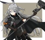  1girl animal_ears arknights bangs black_gloves black_legwear blue_eyes boots breasts bunny_ears cape commentary_request exion_(neon) eyebrows_visible_through_hair gloves hammer holding holding_hammer holding_weapon jacket long_hair pantyhose savage_(arknights) silver_hair smile solo thighhighs weapon 