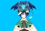  1boy absurdres animal animal_on_head bard black_hair blue_background blue_eyes blue_hair braid cape dragon dvalin_(genshin_impact) flower genshin_impact gradient_hair green_headwear hair_flower hair_ornament hat highres long_sleeves looking_at_another looking_up male_focus multicolored_hair okomejet on_head open_mouth otoko_no_ko scales shorts simple_background smile solo thighhighs twin_braids venti_(genshin_impact) vision_(genshin_impact) wings 