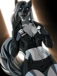  2019 5_fingers anthro black_lips breasts canid canine clothed clothing digital_media_(artwork) eyebrows eyelashes female fingers grey_hair hair hi_res lips looking_at_viewer lynjox lynxyjones mammal midriff navel open_mouth standing teeth tongue white_eyes 
