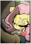  absurd_res after_sex bbsartboutique blush bodily_fluids border cum cum_on_face equid equine female fluttershy_(mlp) friendship_is_magic genital_fluids hair hasbro hi_res mammal my_little_pony pink_hair tongue tongue_out white_border yellow_body 