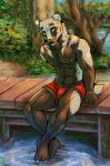  2020 abs anthro athletic athletic_anthro athletic_male badger barefoot black_body black_fur bulge clothed clothing forest fur green_eyes hi_res looking_at_viewer male mammal marjani multicolored_body multicolored_fur muscular muscular_anthro muscular_male mustelid musteline navel nipples outside partially_submerged pecs sitting smile solo topless topless_male tree two_tone_body two_tone_fur underwear water white_body white_fur ych_result yellow_eyes 