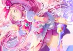 1girl absurdres bangs blurry blurry_background bow brown_eyes closed_mouth cure_blossom dress floating_hair hair_bow hanasaki_tsubomi heart heartcatch_precure! high_ponytail highres holding holding_staff layered_dress long_hair pink_hair precure red_bow shiny shiny_hair short_dress short_sleeves smile solo staff swept_bangs v very_long_hair white_dress yuutarou_(fukiiincho) 