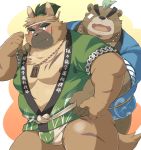  2020 anthro ashigara asian_clothing ayame42612 belly blush brown_body brown_fur canid canine canis clothing domestic_dog duo east_asian_clothing fundoshi fur happi_(clothing) hi_res japanese_clothing kemono male mammal moobs nipples overweight overweight_male scar tokyo_afterschool_summoners underwear ursid video_games yasuyori 