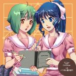  2girls :d ahoge bag bangs blue_eyes blue_hair bow brown_eyes collarbone collared_shirt green_hair hair_between_eyes hair_bow high_ponytail highres holding holding_pen kutsuno long_hair lynn_minmay macross macross:_do_you_remember_love? macross_frontier medium_hair multiple_girls notebook open_mouth pen pink_bow pink_shirt pink_skirt ranka_lee sailor_collar sailor_shirt school_bag school_uniform serafuku shiny shiny_hair shirt short_sleeves sitting skirt smile upper_body white_sailor_collar 