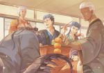  6+boys archer balancing blue_hair bowl chopsticks cornrows cu_chulainn_(fate)_(all) cu_chulainn_(fate/grand_order) cu_chulainn_alter_(fate/grand_order) dark_skin emiya_alter fate/grand_order fate/stay_night fate_(series) food fruit indoors japanese_clothes kimono kotatsu lancer long_hair male_focus mini_cu-chan multiple_boys orange ponytail ro_(pixiv34009774) sleeping spikes table tail tray white_hair 