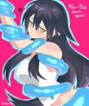  1girl bare_arms black_hair breasts commission embarrassed large_breasts long_hair looking_to_the_side ooshio7734 original restrained shirt skeb_commission sleeveless sleeveless_shirt solo sweatdrop tentacles upper_body white_shirt yellow_eyes 