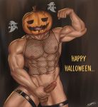  1boy abs absurdres bara beard biceps chest chest_hair cowboy_shot erection facial_hair fishnet_top flexing ghost halloween halloween_costume happy_halloween harness highres jack-o&#039;-lantern k_sen212 male_focus male_pubic_hair muscle navel nipples nude original pose pubic_hair pumpkin pumpkin_hat see-through short_hair solo thick_thighs thighs uncensored 