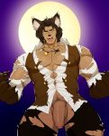  1boy abs absurdres alternate_costume animal_costume animal_ears bara bare_chest brown_hair bulge bursting_pecs chest cowboy_shot dragalia_lost flaccid foreskin full_moon garbancobean halloween halloween_costume highres looking_at_viewer male_focus male_pubic_hair medium_hair moon muscle navel navel_hair pants pink_eyes pubic_hair ranzal shirt solo tail thick_thighs thighs torn_clothes torn_pants torn_shirt uncensored werewolf wolf_boy wolf_costume wolf_ears wolf_tail 