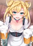  1girl abukuma_(kantai_collection) alcohol alternate_costume apron barmaid beer beer_mug blonde_hair blue_eyes bodice breasts collarbone cup dirndl double_bun german_clothes hair_rings heart_lock_(kantai_collection) highres holding holding_cup ka_tsumi kantai_collection long_hair mug oktoberfest puffy_short_sleeves puffy_sleeves short_sleeves small_breasts solo underbust waist_apron white_apron 