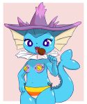 2020 anthro apple apple_(fruit) big_tail bikini bikini_bottom blue_body bodypaint bottomwear breasts candy candy_apple clothing dessert digital_media_(artwork) drifloon eeveelution female food fruit halloween hat headgear headwear hi_res holidays kemono licking looking_at_viewer navel nintendo nipple_tape open_mouth pasties plant pok&eacute;mon pok&eacute;mon_(species) pyritie simple_background solo swimwear tape thick_tail tongue tongue_out vaporeon video_games witch_hat 