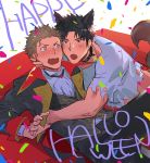  2boys animal_costume animal_ears black_eyes black_hair blonde_hair blush brown_eyes confetti couple fangs feet_out_of_frame haiki_(tegusu) halloween halloween_costume hand_on_another&#039;s_face happy_halloween highres male_focus multiple_boys original shirt short_hair sketch tail toned toned_male torn_clothes torn_shirt vampire_costume werewolf wolf_boy wolf_costume wolf_ears wolf_tail yaoi 