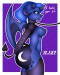  4:5 absurd_res anthro anthrofied armbinder big_butt breasts butt collar dialogue equid female friendship_is_magic hasbro hi_res horn mammal membrane_(anatomy) membranous_wings mostly_nude my_little_pony nipple_piercing nipples piercing princess_luna_(mlp) renegade-157 solo winged_unicorn wings 