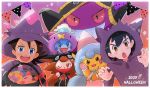  2boys ash_ketchum banette bangs black_hair blue_eyes blush bow brown_eyes brown_hair candy claw_pose clothed_pokemon commentary_request cosplay dated drifloon drifloon_(cosplay) eyelashes fang food gen_1_pokemon gen_3_pokemon gen_4_pokemon gen_8_pokemon gengar gengar_(cosplay) goh_(pokemon) halloween halloween_basket hattrem hattrem_(cosplay) hood hood_up ichi_(pikapikapocket) long_sleeves looking_at_viewer male_focus mega_banette mega_banette_(cosplay) mega_pokemon mismagius mismagius_(cosplay) multiple_boys open_mouth orange_bow pikachu pokemon pokemon_(anime) pokemon_(creature) pokemon_swsh_(anime) raboot smile sobble star_(symbol) teeth tongue 