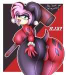  absurd_res amy_rose anthro anus_outline batman_(series) big_breasts big_butt breasts butt cosplay dialogue eulipotyphlan eyeshadow female hammer harley_quinn hedgehog hi_res holding_butt huge_butt lipstick looking_back makeup mammal nipple_outline renegade-157 solo sonic_the_hedgehog_(series) thick_thighs tools 