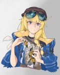  1girl beret blonde_hair blue_jacket braid closed_mouth earrings eyebrows_visible_through_hair eyewear_on_head girls_frontline grey_background grey_eyes hat highres holding jacket jewelry long_hair looking_down mo_geng mole mole_under_eye solo vhs_(girls_frontline) 