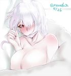  1girl artist_name azur_lane blush breasts colorado_(azur_lane) covering hair_over_one_eye huge_breasts long_hair looking_at_viewer no_bra nude_cover paundo2 red_eyes solo white_hair 