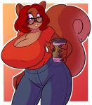  2019 2b-labs anthro beverage big_breasts bottomwear breasts brown_body buckteeth clothing coffee_mug eyewear female glasses hair hi_res holding_beverage holding_object huge_breasts implied_transformation mammal pants red_hair rodent sciurid shirt simple_background solo teeth topwear 